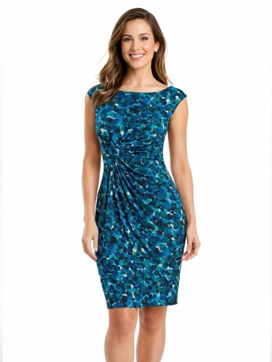 connected apparel Dresses & Skirts - Connected Apparel Blue Abstract Print Ruched Sheath Dress Size 6